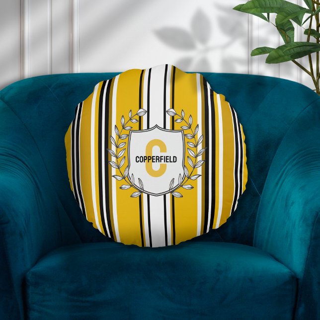 Anpassningsbar Gult Black Rand Monogram Rund Kudde (Skapare uppladdad)