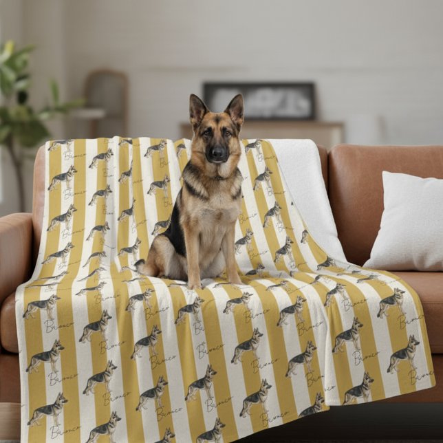 Anpassningsbar Gult Rand tyska Shepherd Pet Namn Fleecefilt (Get cozy with this "Custom Yellow Stripe German Shepherd Pet Name Fleece Blanket"! )