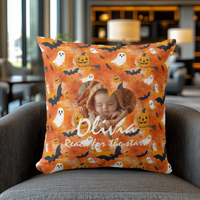 Anpassningsbar Halloween Baby Photo & Motivational Kudde (Skapare uppladdad)
