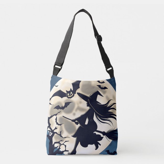 Anpassningsbar Halloween Bags, Womens Witch Riding Axelväska (Framsida)