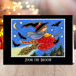 Anpassningsbar Halloween Cat Witch Broomstick Kort