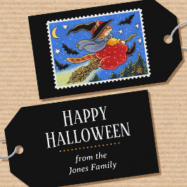 Anpassningsbar Halloween Cat Witch Broomstick Presentetikett