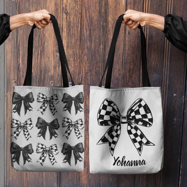 Anpassningsbar Halloween-markerade svarta bågar Co Tygkasse (Custom Halloween checked black bows Coquette Tote Bag)