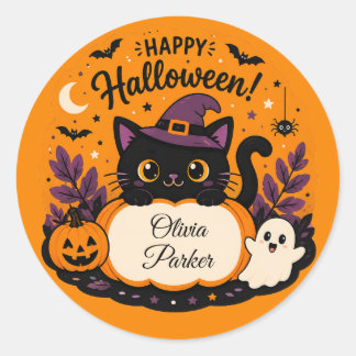 Anpassningsbar Halloween-namndekalj för kattälskar Runt Klistermärke