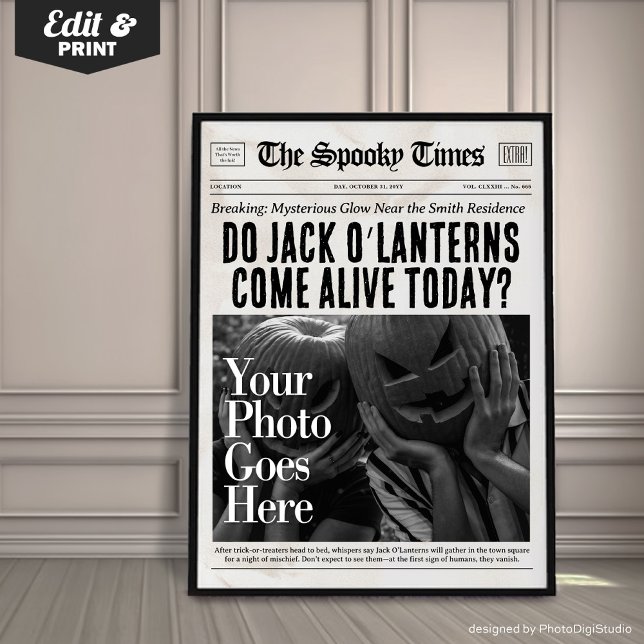 Anpassningsbar Halloween Newspaper Wall Art Jack O Poster (Custom Halloween Newspaper Wall Art Jack O'Lantern | newspaper wall art | fun halloween print)