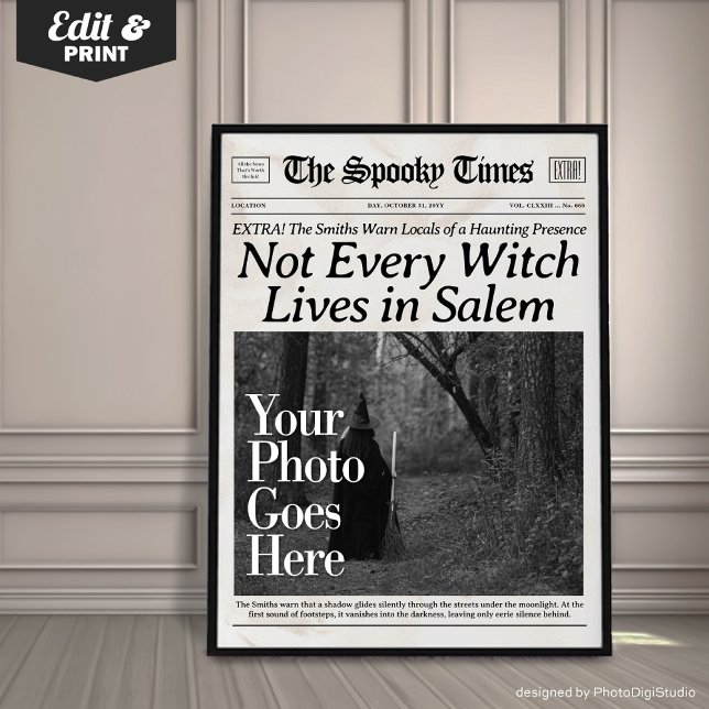 Anpassningsbar Halloween Newspaper Wall Art Witch  Poster (Custom Halloween Newspaper Wall Art Witch in Salem |  trendy halloween decor | halloween print )