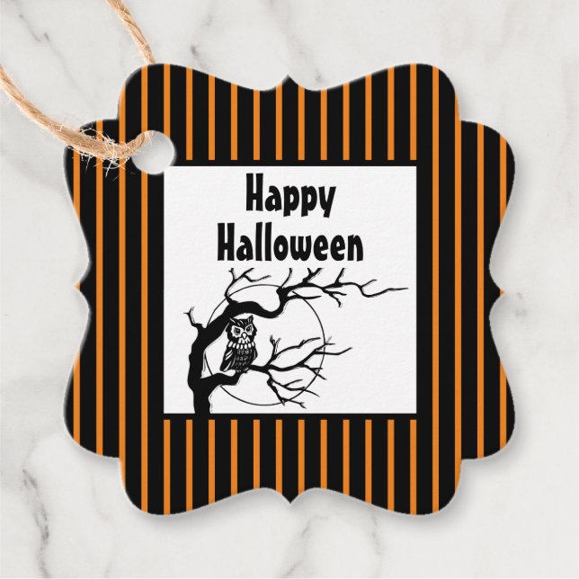 Anpassningsbar Halloween Uggla vid Gren med Måne Gåvor Etiketter (Framsida)