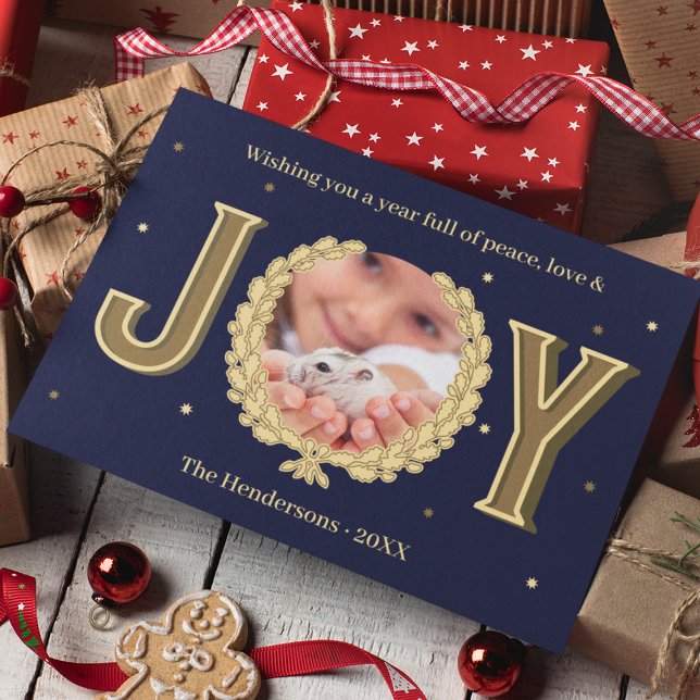 Anpassningsbar Hamster Photo Blue Guld Joy jul Julkort (Custom Hamster Photo Blue Gold Joy Christmas Holiday Card
)