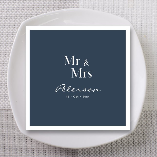 Anpassningsbar Hand-Lettered Navy Blue Mr och Mrs  Pappersservett (Personalized navy blue Mr. and Mrs. wedding napkins)