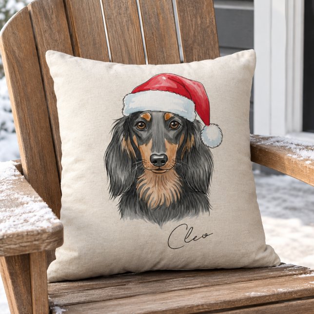 Anpassningsbar Hand plockade jul Dachshund Porträt Kudde (Dachshund Christmas Illustration Pet Name Throw Pillow)