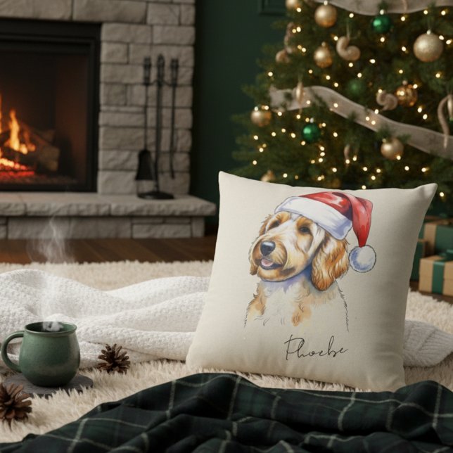 Anpassningsbar Hand plockade jul Golden Doodle Por Kudde (Add a special touch to your Christmas tree with this custom pet portrait throw pillow! )