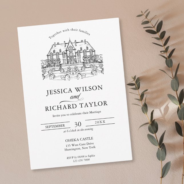 Anpassningsbar Hand plockade Venue Illustration Br Inbjudningar (custom hand drawn wedding venue illustration)