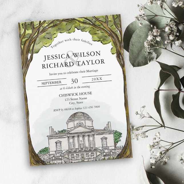 Anpassningsbar Hand plockade Venue Illustration Br Inbjudningar (custom hand drawn watercolor wedding venue illustrated invitation)