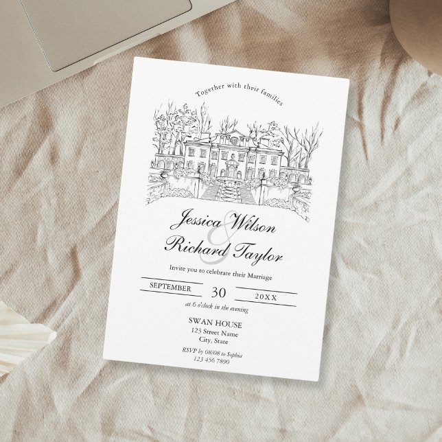 Anpassningsbar Hand plockade Venue Manor Illustrat Inbjudningar (custom hand drawn Swan house wedding venue )