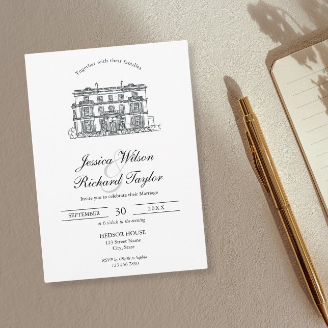 Anpassningsbar Hand plockade Venue Manor Illustrat Inbjudningar (custom wedding venue illustration)