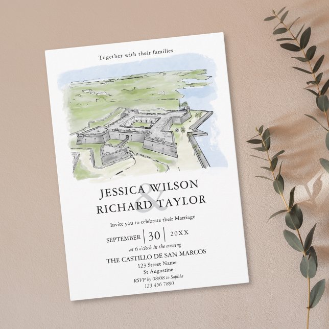 Anpassningsbar Hand plockade Venue Manor Illustrat Inbjudningar (castello de san marcos watercolor wedding invitation)
