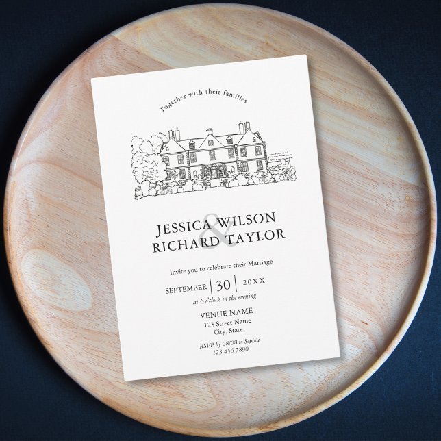 Anpassningsbar Hand plockade Venue Manor Illustrat Inbjudningar (hand drawn wedding venue invitation)