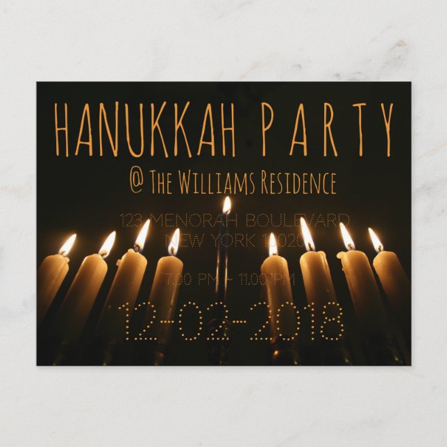 Anpassningsbar Hanukkah-partiets inbjudan Menorah  Vykort (Framsida)