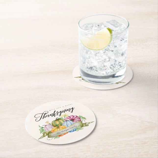 Anpassningsbar Happy thanksgiving Pumpkins-blommor Underlägg Papper Rund (Insitu)