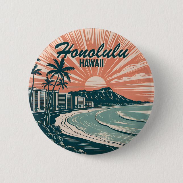 Anpassningsbar Hawaii Honolulu Waikiki Beach Retro Knapp (Framsida)