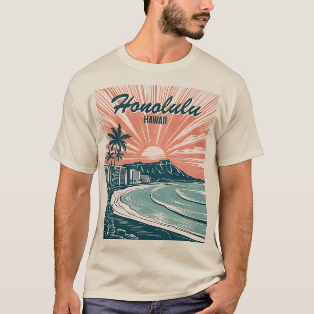 Anpassningsbar Hawaii Honolulu Waikiki Beach Retro T Shirt (Framsida)