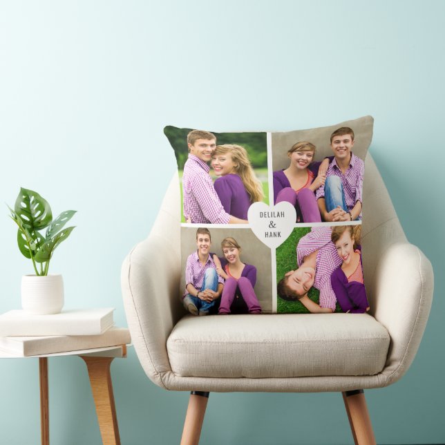 Anpassningsbar Heart med par Namn 4 Fotokollage Kudde (Stol)