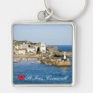 Anpassningsbar Heart St Ives Harbour Pier Cornwall Fyrkantig Silverfärgad Nyckelring