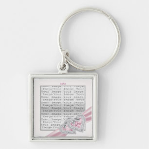 Anpassningsbar Hearts Pastel Rosa Ribbon Nyckelrin Fyrkantig Silverfärgad Nyckelring