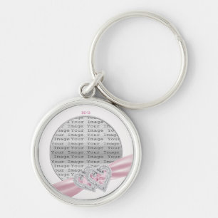 Anpassningsbar Hearts Pastel Rosa Ribbon Nyckelrin Rund Silverfärgad Nyckelring