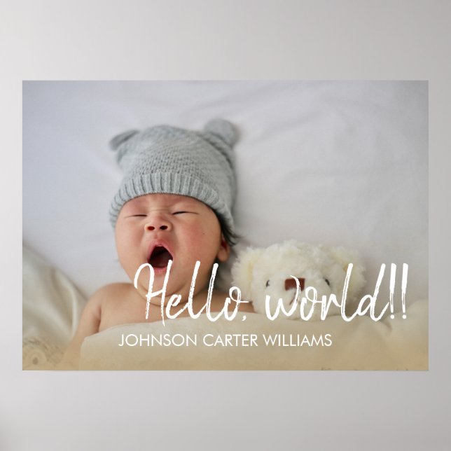 Anpassningsbar Hej World Script Baby Photo Poster (Framsidan)