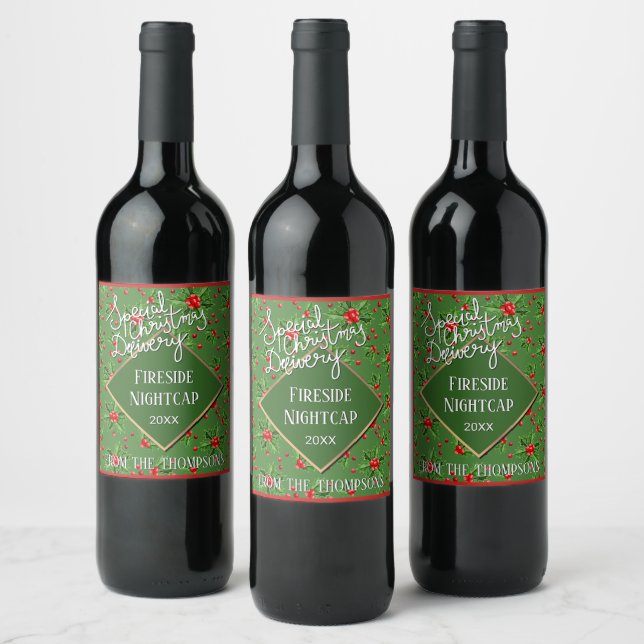 Anpassningsbar Helgdag Grönt Holly Lövs och Red Be Vinflaska Etikett (Flaskor)