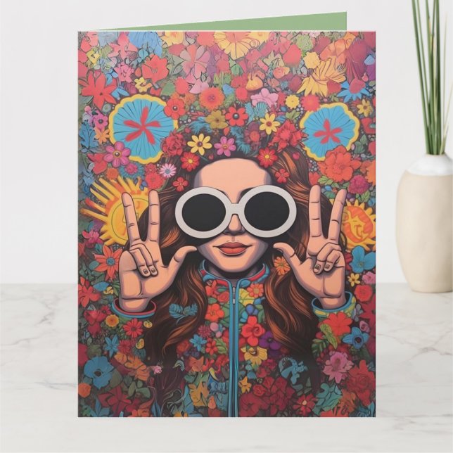 Anpassningsbar Hipster Bright Blommigt Finger Fred Kort (Framsida)