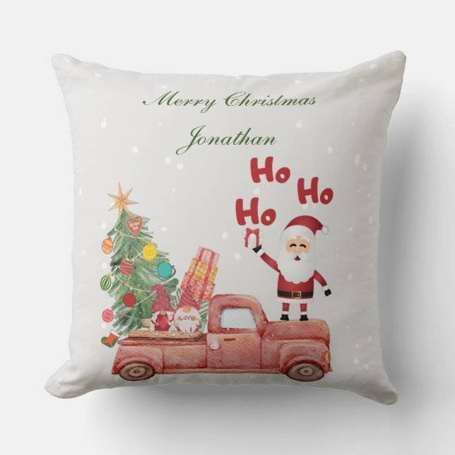 Anpassningsbar Ho Ho Ho Santa på ett rött lastbil  Kudde (Framsida)