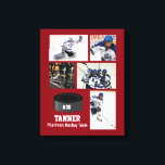 Anpassningsbar Hockey Photo Collage Team Namn Din  Canvastryck<br><div class="desc">Den här hockeykollagen innehåller dina fem foton och spelarens namn eller team namn och lägger till ett nummer också. Ändra bakgrunden till färg så att den stämmer överens med teamets färger. Ett underbart sätt att fira säsongen och din spelares hårda arbete. Det gör också en tänkvärd buss present. Ta en...</div>