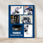 Anpassningsbar Hockey Photo Collage Team Namn Din  Poster<br><div class="desc">Den här hockeykollagen innehåller dina fem foton och spelarens namn eller team namn och lägger till ett nummer också. Ändra bakgrunden till färg så att den stämmer överens med teamets färger. Ett underbart sätt att fira säsongen och din spelares hårda arbete. Det gör också en tänkvärd buss present. Ta en...</div>