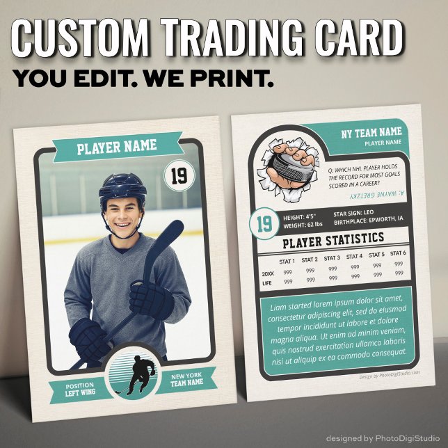 Anpassningsbar Hockey Trading Card, Vintage Player (Vintage Custom Hockey Trading Card, Teal Player Card)