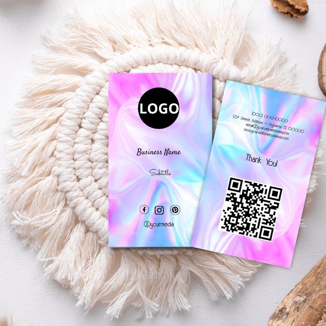 Anpassningsbar Holografisk Logotyp av opalsten Visitkort (elegant,modern,rainbow,holographic,mineral opal,business card,qr code,professional business)