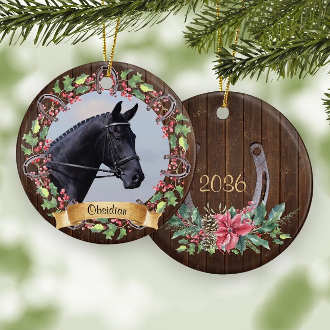 Anpassningsbar Horse Photo Rustic Wood jul Julgransprydnad Keramik (Skapare uppladdad)