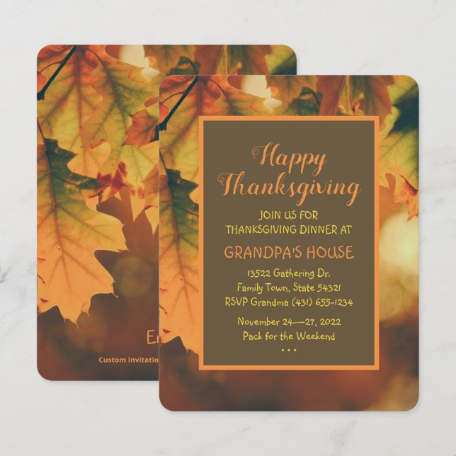 Anpassningsbar Höst löv Thanksgiving Middag Inbjudningar (Fram/baksida)