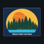 Anpassningsbar House Family Resa Sunset Vykort<br><div class="desc">Vackert kort med blått vykort från sjö-familjen med söt blå vatten under träd och coola orange solnedgång. Cute Camping resa keepsaksouvenir för din naturutflykt eller vildmarksgrupp.</div>