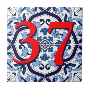Anpassningsbar House Number Blue Ornate Blommigt S Kakelplatta