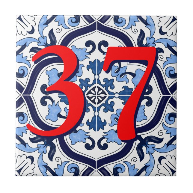 Anpassningsbar House Number Blue Ornate Blommigt S Kakelplatta (Framsidan)