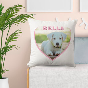Anpassningsbar Hund Foto och Namn i Rosa Heart Kudde