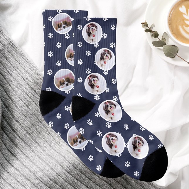 Anpassningsbar Hund Fotoutskrift med blå färg Strumpor (Custom Dog Photo Blue Paw Print Socks)