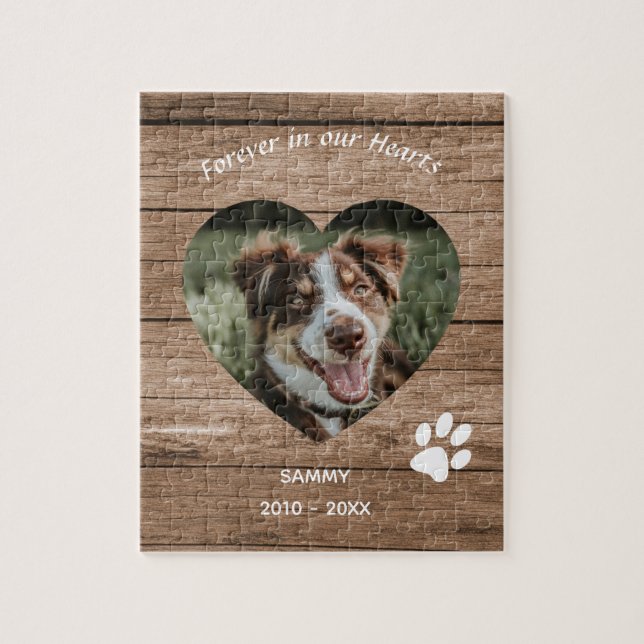 Anpassningsbar Hund Memorial Rustic Wood & Photo Pussel (Vertikal)