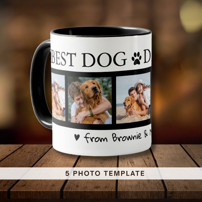 Anpassningsbar Hund & Mummy-gåva för Pappa 5 Photo Mugg (Custom Dog & Mummy Gift for Dad 5 Photo Black Mug)