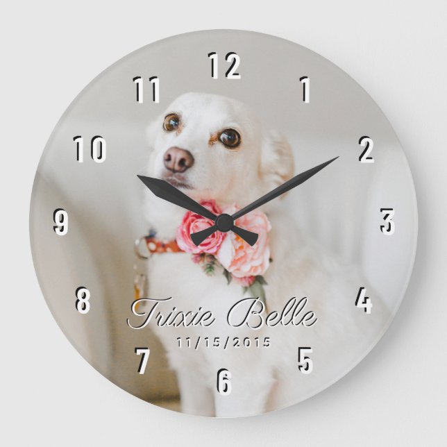 Anpassningsbar Hund Pet Photo White Numbers Large  Stor Klocka (Framsida)