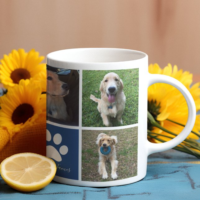 Anpassningsbar Hund Photo Collage Blue Paw Print C Kaffemugg (Skapare uppladdad)