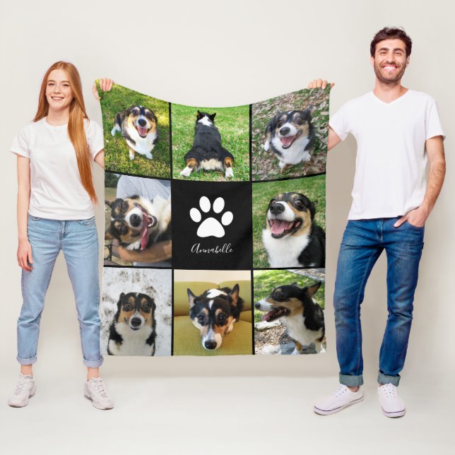 Anpassningsbar Hund Photo Collage Pet Paw Print Bl Fleecefilt (På plats)