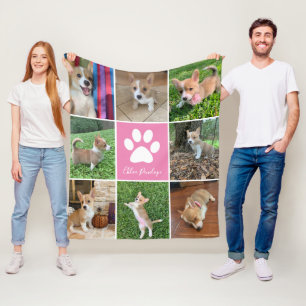 Anpassningsbar Hund Photo Collage Rosa Paw Print S Fleecefilt